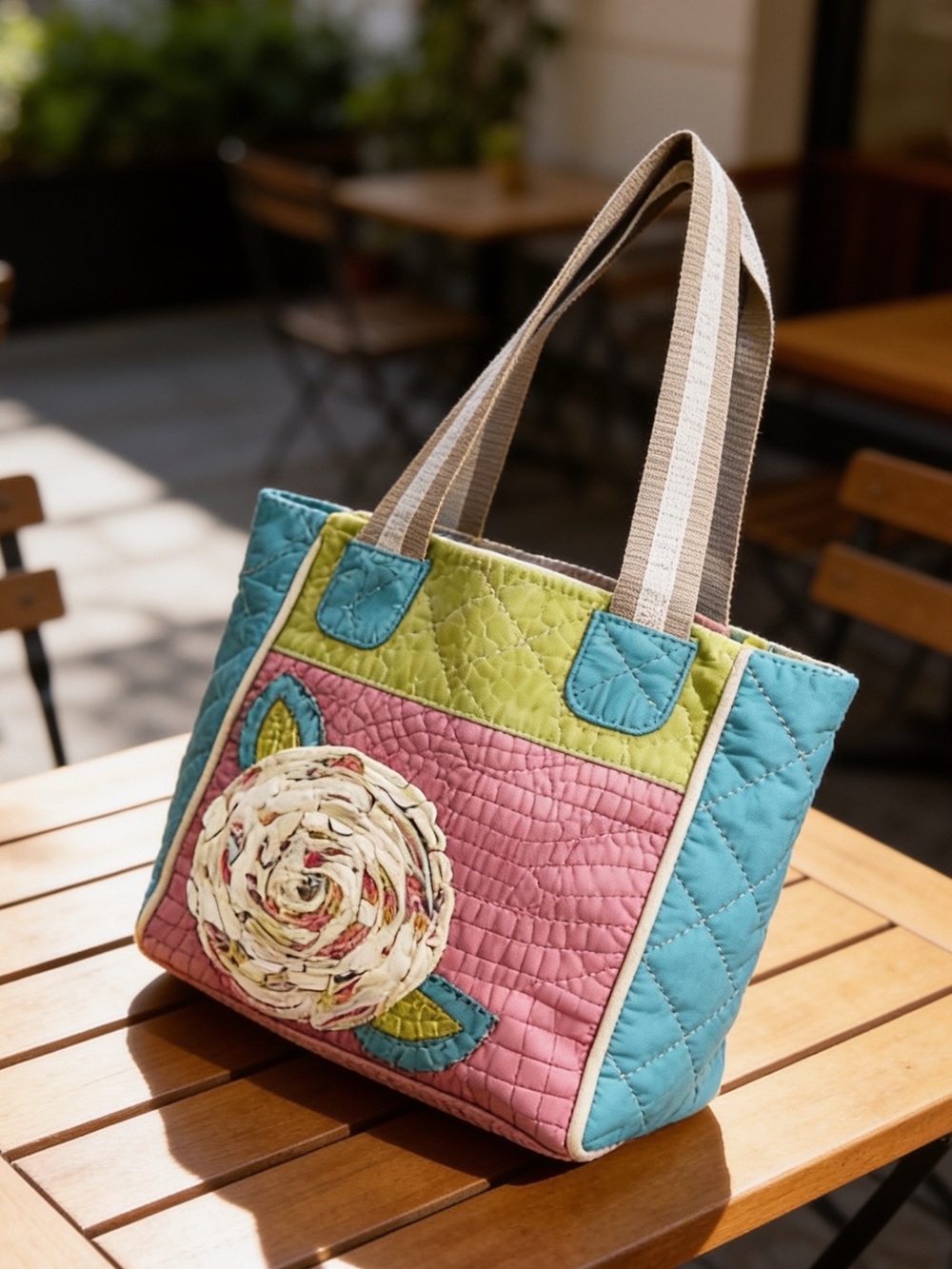 Lilies N Lace by Megan | Quilted Floral Y2K Patchwork Tote Bag - Pink & Teal